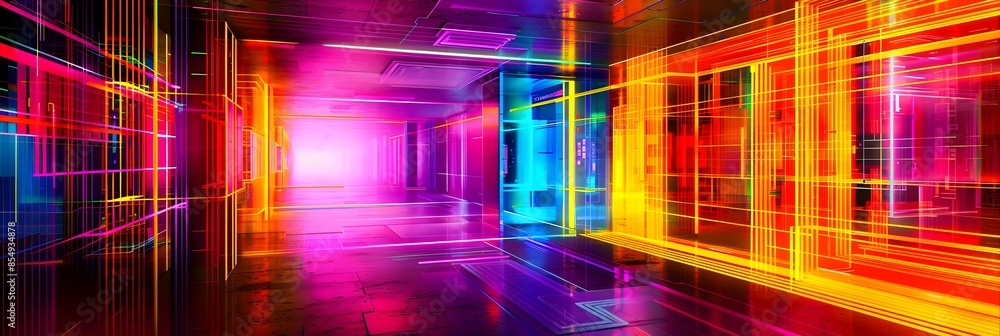 Leinwandbilder Vibrant Futuristic Neon Corridor with Geometric Light Patterns and Abstract Digital Architecture