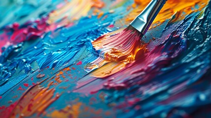 Fototapeta premium A close-up of a paintbrush splattering colorful paint onto a canvas, capturing the moment of artistic expression and the tactile nature of the creative process.