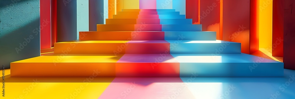 Poster vibrant geometric architectural illusion in multicolored cube staircase display