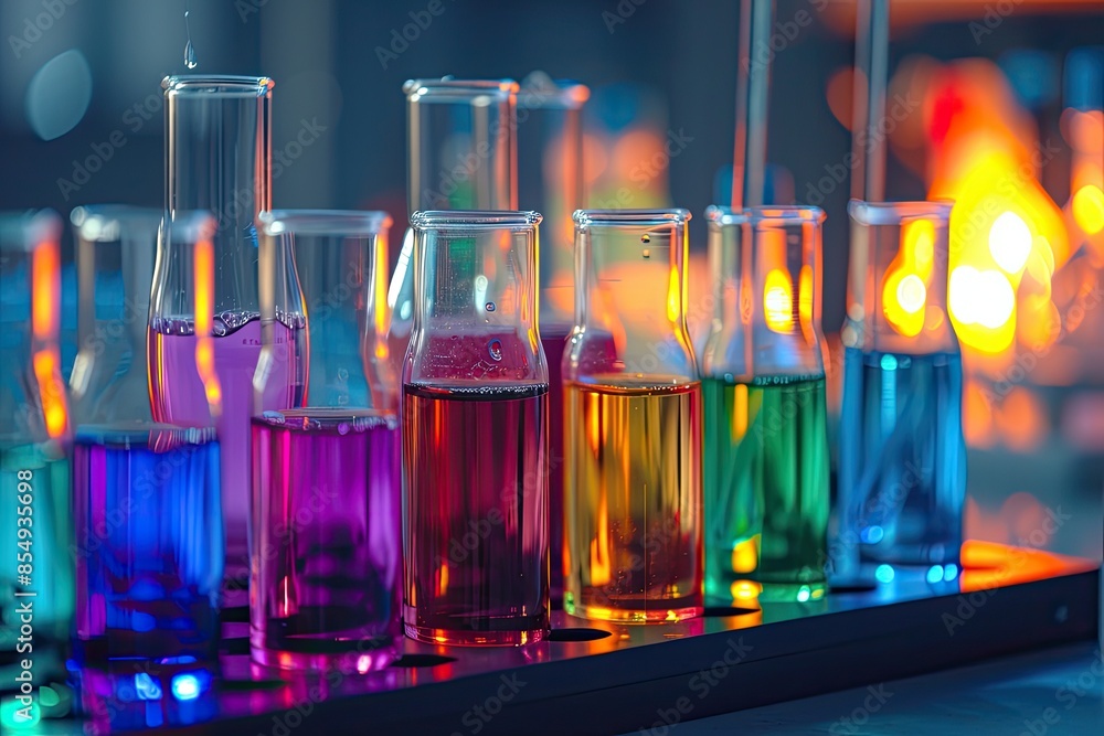Poster a row of test tubes filled with colored liquids, investigate the behavior of chemical sensors