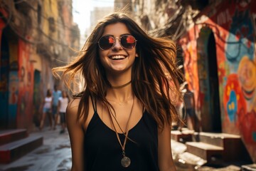 Fototapeta premium A woman wearing sunglasses and a necklace is smiling in a colorful alleyway