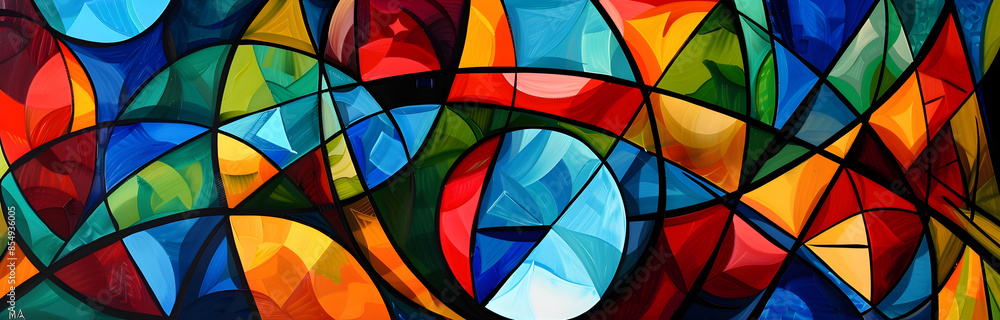 Poster vibrant geometric mosaic of multicolored shapes and patterns creating a mesmerizing digital art disp