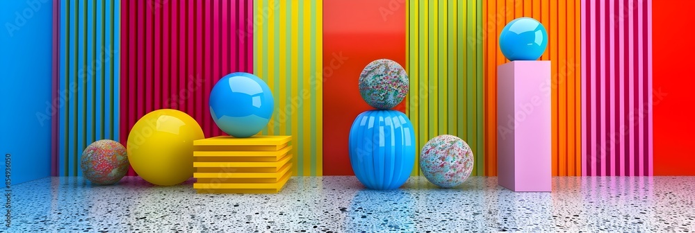 Poster vibrant geometric shapes composition in colorful studio setting