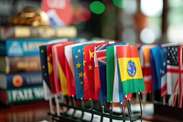 a bunch of flags are on a table, Learn a new language online