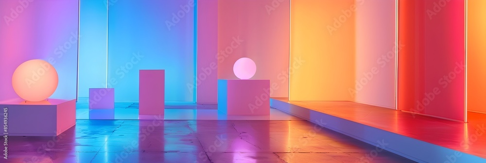 Aufkleber vibrant geometric shapes in multicolored lighting display abstract minimalist contemporary art insta
