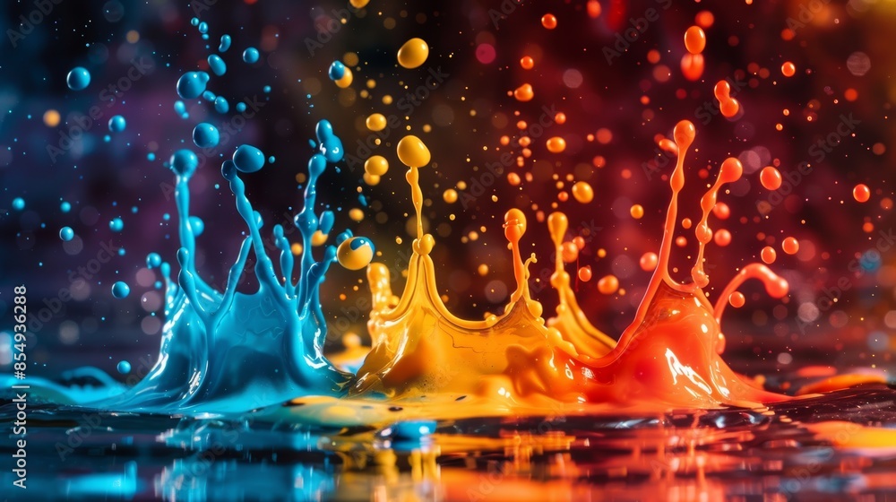 Poster a close-up shot of colorful paint splashes frozen in mid-air, with each drop reflecting a different 