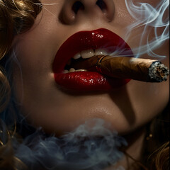 A Woman's Red Lips Smoking a Cigar