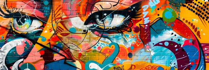 Obraz premium Vibrant Graffiti Mural with Expressive Surreal Imagery Adorning Urban Wall