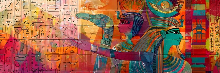 Obraz premium Vibrant Hieroglyphic Mural Depicting Mystical Egyptian Deities and Symbols