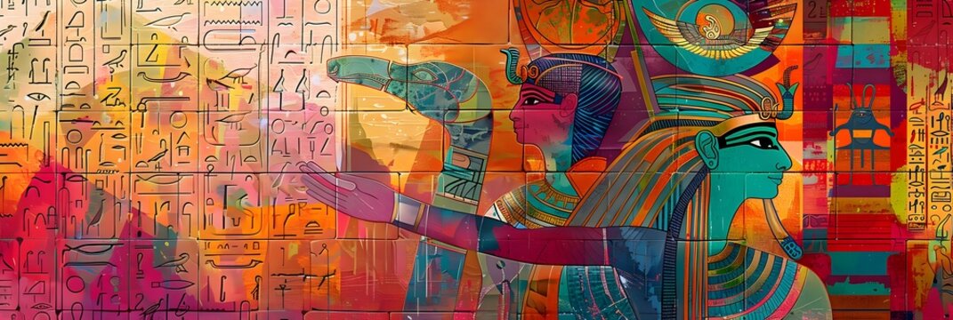 Vibrant Hieroglyphic Mural Depicting Mystical Egyptian Deities and Symbols