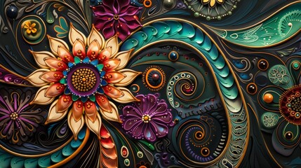 A detailed close-up of a canvas with intricate patterns and designs, painted in a variety of shades and hues, showcasing the meticulous skill and precision of the artist.