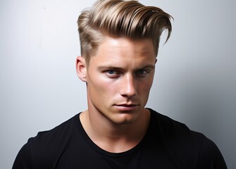 Fototapeta premium A man with a short haircut and a black shirt