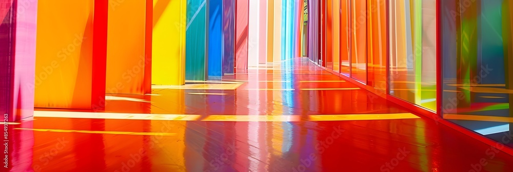 Poster Vibrant Kaleidoscopic Architectural Corridor with Mesmerizing Prismatic Lighting and Geometric Patterns