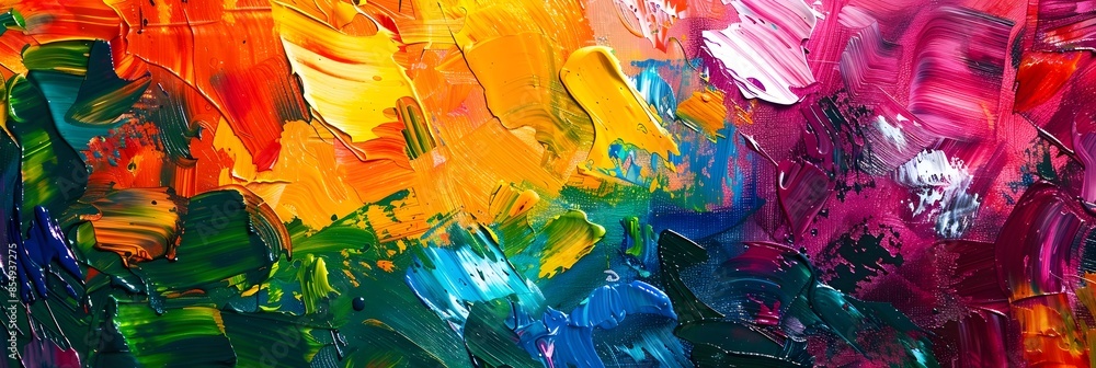 Poster vibrant kaleidoscopic abstract painting with expressive brushstrokes and dynamic color composition