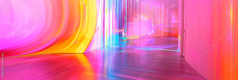Poster vibrant kaleidoscopic corridor of luminous hues and fluid patterns captivating the senses