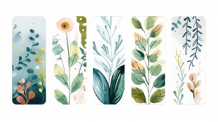Vector illustration Set of five bookmarks decorated with botanical art texture. Bookmarks with modern creative design printable template on white background. Watercolor texture