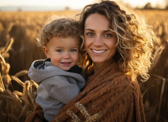 Obraz premium A woman is holding a baby in a field of tall grass