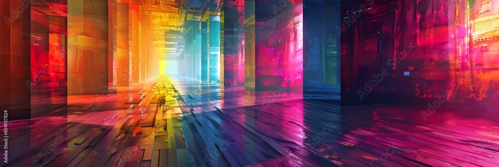 Poster vibrant kaleidoscopic hallway of luminous colors and dimensional patterns