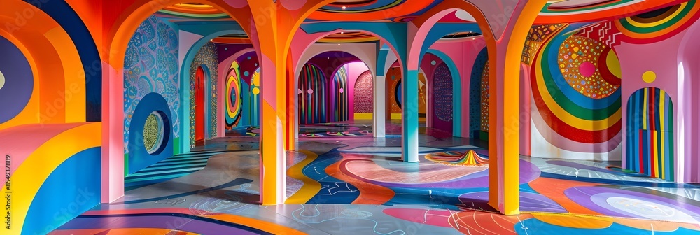 Poster Vibrant Kaleidoscopic Passageway in Captivating Architectural Fantasy with Dazzling Patterns and Symmetrical Curves