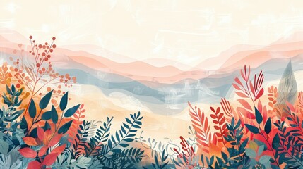 Abstract watercolor background with silhouettes of plants and flowers. Delicate pastel colors. Spring, summer concept.