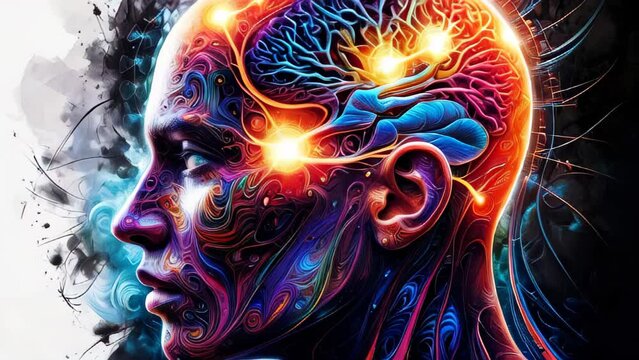 human head profile with neon-colored neural pathways against cosmic background. Bright yellow, red, and blue lights illuminate the neural network. Concept of mind and mindfulness