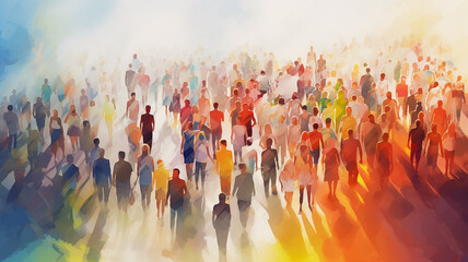 multicolored crowd top view, multicultural silhouettes of people spectrum rainbow watercolor style, light poster society, world