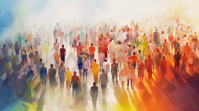 multicolored crowd top view, multicultural silhouettes of people spectrum rainbow watercolor style, light poster society, world