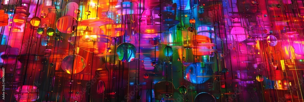 Poster vibrant neon lights kaleidoscopic art of glowing geometric patterns and mesmerizing digital visuals