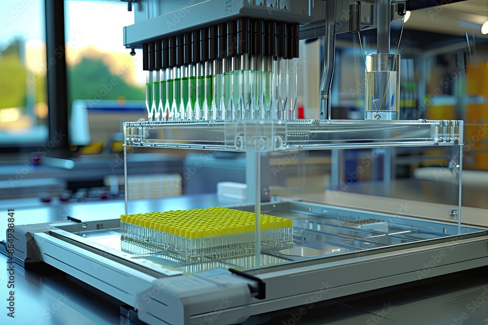 Aufkleber a laboratory with a lot of test tubes and a tray, Render a 3D model of a high-throughput screening setup