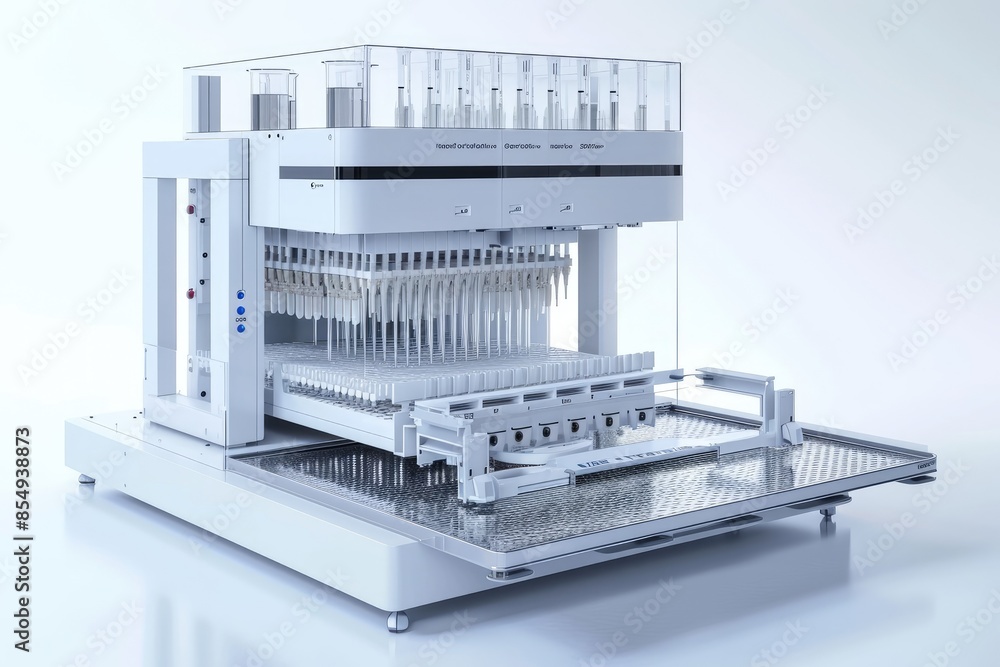Aufkleber a laboratory with a lot of test tubes and a tray, Render a 3D model of a high-throughput screening setup