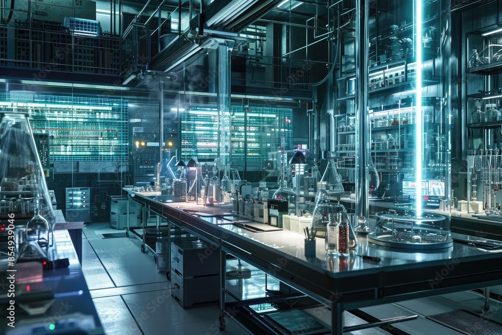 Poster a science lab with a lot of glass bottles, render a visually stunning image of a chemical research l