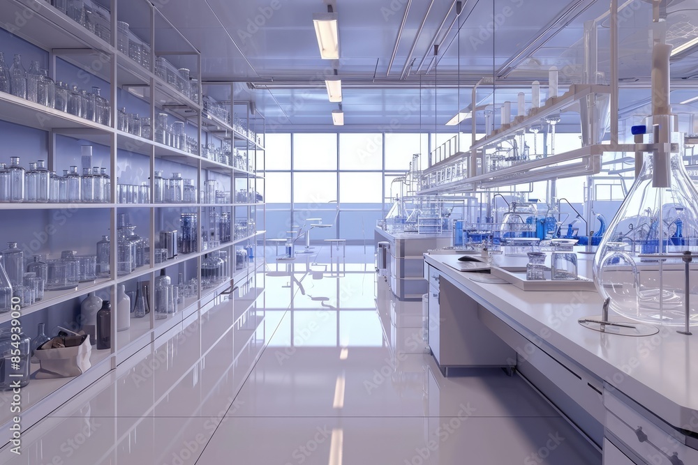 Poster a science lab with a lot of glass bottles, render a visually stunning image of a chemical research l