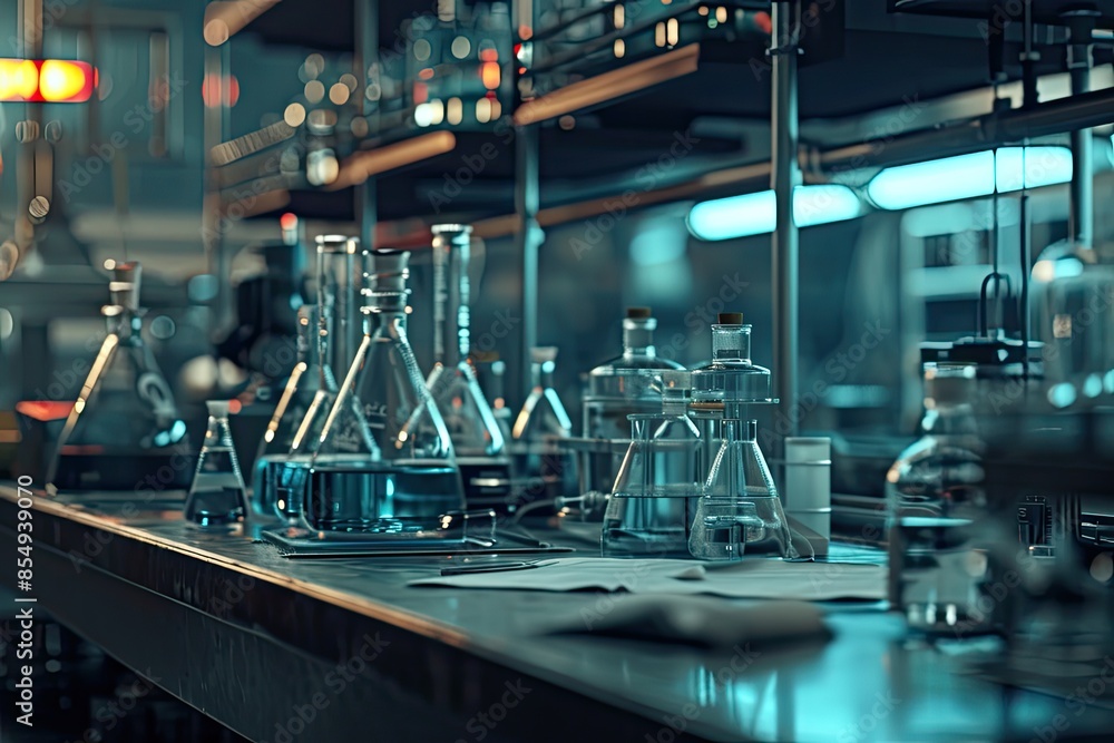 Poster a science lab with a lot of glass bottles, render a visually stunning image of a chemical research l