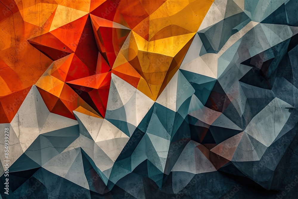 Poster a colorful abstract painting with a triangle and a star, shape an abstract geometric wonderland
