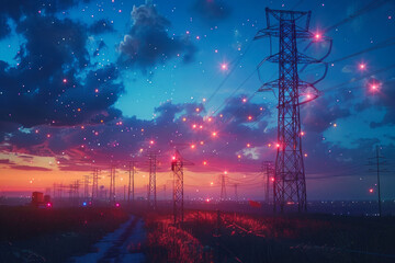 Twilight sky with star-like lights on poles