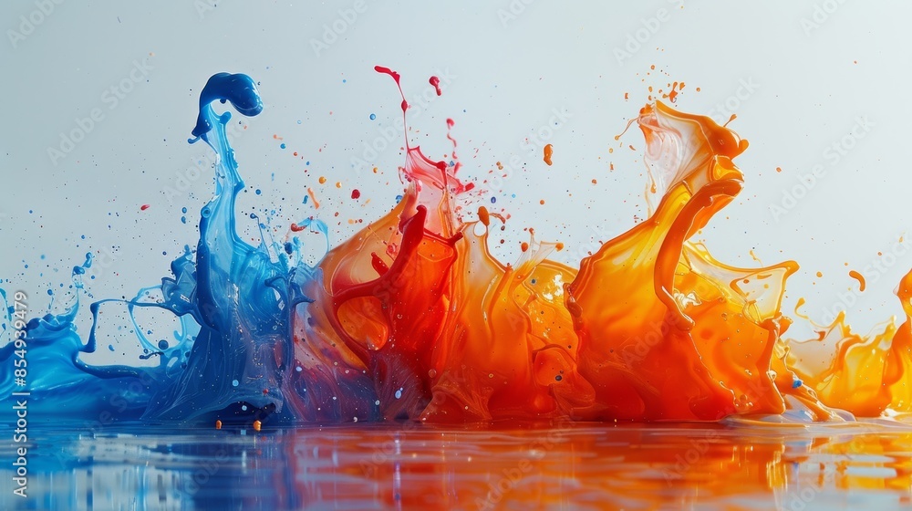 Poster a high-speed photograph of liquid paint being thrown against a white surface, creating a dramatic an