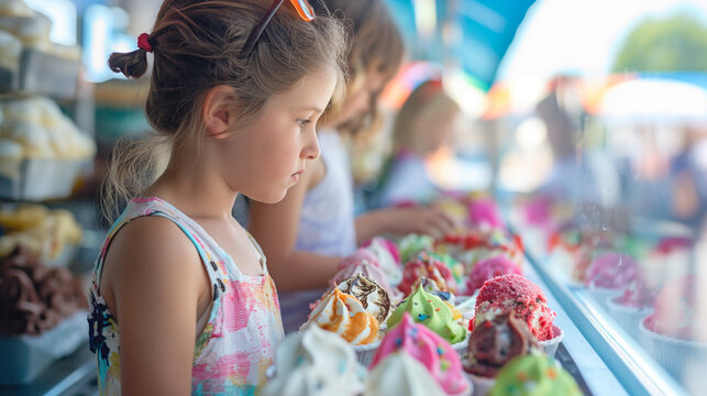 A colorful summer ice cream stand offering a variety of flavors, shown with children and families selecting their treats