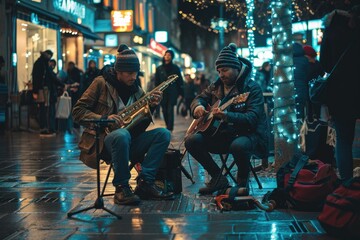 a group of people playing instruments in a street, Street performers under neon