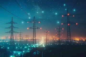Electrical pylons against starlit backdrop