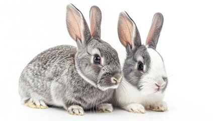 Obraz premium Gray and white rabbits on white backdrop Isolated with copy space High quality image