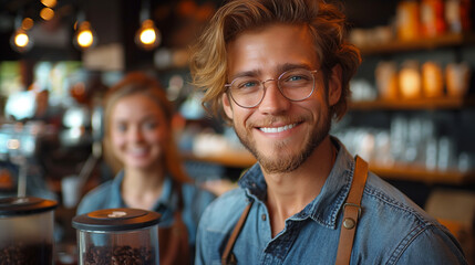 Young happy man coffee shop owner posing with wide smile on face, standing of coffeehouse counter with equipment for preparing delicious aromatic hot drinks