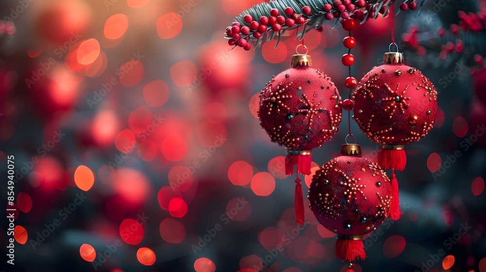Poster vibrant red christmas ornaments hanging on a festive tree with sparkling bokeh lights