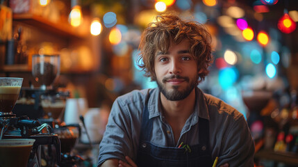 Obraz premium Handsome barista in uniform in the coffee shop