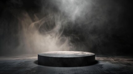 Dark concrete podium with smoke and light