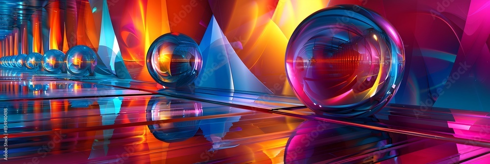 Poster vibrant spherical reflections cascading in a surreal kaleidoscopic dreamscape