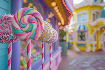 a colorful candy shop with a large lollipop on the top, Sweet treats on candyland street