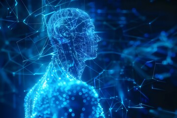 A blue and white image of a man's head with a blue background. The image is abstract and has a futuristic feel to it