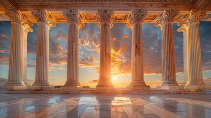 Fototapeta premium Sunset view with marble pillars of architectural , soft golden hues, low angle shot, intricate details glowing, serene and majestic, sky painted with fiery colors