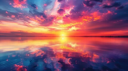 A mesmerizing sunset over a tranquil lake, with the sky painted in stunning hues of orange, pink, and purple, reflecting off the calm water surface.