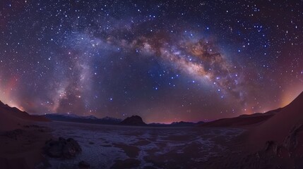 Obraz premium A mesmerizing time-lapse of the night sky, with stars streaking across the heavens and the Milky Way arching overhead in a stunning display of cosmic beauty.